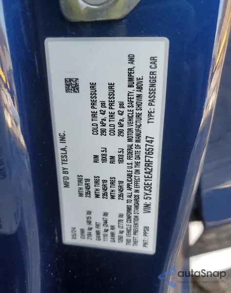 2024 Tesla Model 3 из США, поврежденный, VIN 5YJ3E1EA2RF765747